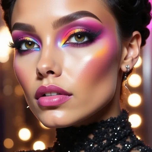 Prompt: (Mesauda full face makeup), vibrant colors, (flawless skin), artistic application, bold eye makeup, captivating lips, glamorous lighting, beauty arrangement, (high-definition), detailed textures, luxurious aesthetics, contemporary look, beauty theme, dynamic composition, expressive showcase, photography style for makeup display.