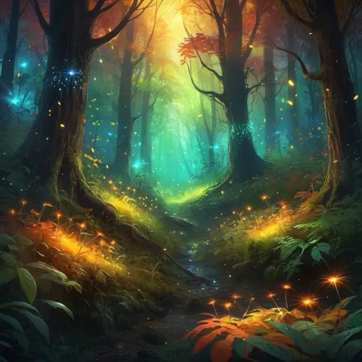 Prompt: Vibrant digital painting of a mystical forest, lush greenery with vibrant autumn colors, magical glowing fireflies, enchanting atmosphere, high quality, detailed, fantasy, digital painting, mystical, vibrant colors, ethereal lighting