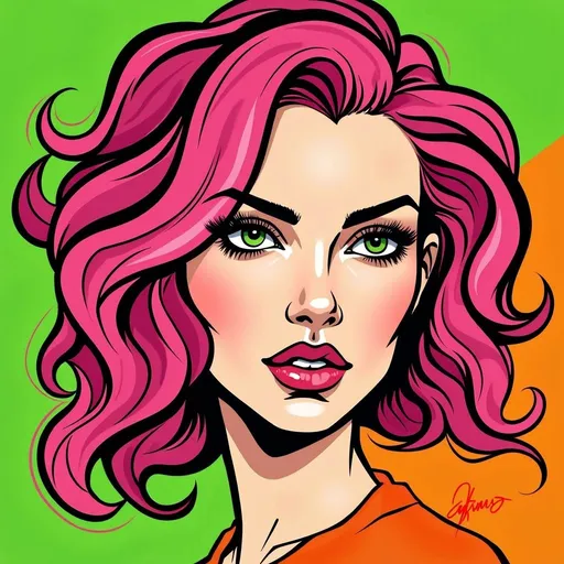 Prompt: This image is a digital drawing in a comic book style, featuring a close-up portrait of a woman with striking pink hair. The hair is wavy and voluminous, with black, bold, and slightly textured lines outlining the strands, giving it a dynamic and lively appearance. The woman's face is centered in the image, displaying a serious and determined expression with slightly arched eyebrows, green eyes with dark, defined eyelashes, and full, pink lips. She is wearing an orange top, which contrasts with her pink hair and the green background. The background is split into two colors: a green area occupying the lower half and an orange area occupying the upper half, creating a vibrant and eye-catching backdrop. The overall style of the drawing is reminiscent of classic comic book art, with thick, black outlines and a limited color palette, emphasizing the character's features and expression. The use of bold colors and dynamic hair lines adds a sense of motion and energy to the portrait. The artist's signature is located in the bottom right corner of the image.