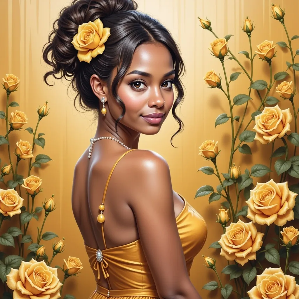 Prompt: a woman in a yellow dress standing in front of yellow roses with a flower in her hair and a bun in her hair, Anne Stokes, fantasy art, highly detailed digital painting, a detailed painting