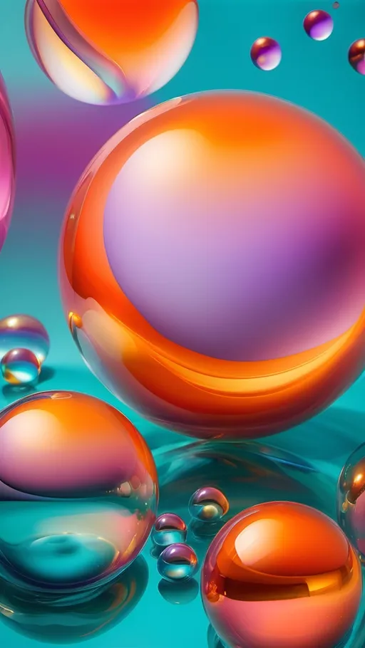 Prompt: Abstract artwork featuring fluid-like, transparent structures and translucent spheres with vibrant, creative color schemes. Each image uses a unique color combination for a dynamic visual effect. First image: tones of teal, gold, and soft lavender, resembling molten glass with prismatic reflections and metallic accents. Second image: deep orange, turquoise, and soft rose pink, adding depth and highlights. Third image: rich emerald green, maroon, and light silver tones for a sophisticated contrast. Each composition is set against gradient backgrounds that fade from emerald to navy, indigo to dusk pink, or gold to sapphire, with soft glow vignettes surrounding the main forms. Delicate cracks and ripples across the glassy surfaces add texture, enhancing the sense of movement and dimensionality