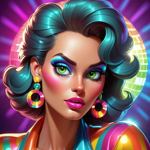 Prompt: Cartoon-style closeup illustration of an 80s disco lady, vibrant colors, neon lighting, detailed facial features, glossy makeup, retro hairstyle, funky earrings, disco ball reflection in eyes, high-quality, vibrant, colorful, cartoon, 80s, disco, detailed facial features, neon lighting, glossy makeup, retro hairstyle, funky earrings