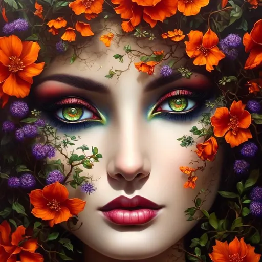 Prompt: Beautiful  hybrid woman with orange flowers sprouting from her, oil painting, detailed fiery eyes, ethereal glow, dark and mysterious, high quality, vibrant colors, surreal, haunting, intricate floral details, intense gaze, mystical atmosphere, oil painting, demon, hybrid, fiery eyes, ethereal, vibrant colors, surreal, haunting, floral details, intense gaze, mystical atmosphere