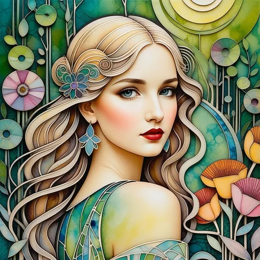 Prompt: Abstract encaustic texture, gradient inking colors, Jessica Galbreth, Irmgard Schoendorf Welch, Javier Mariscal, Charles Rennie Mackintosh, Lee Mullican style, a beautiful whimsical young woman, wonderland, decoupage.