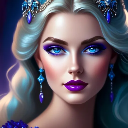 Prompt: <mymodel>Beautiful ethereal woman, long blonde hair,and icy blue eyes color, purple lipstick, facial closeup