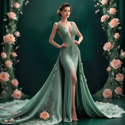 Prompt: A stunning model stands gracefully against a deep emerald backdrop, exuding elegance in a meticulously crafted dress that blends soft mint green fabric with intricate floral embellishments in darker greens and shimmering silver. Her deep V-neckline adds a touch of allure, while her flowing train enhances the gown's enchanting silhouette. Framing her are delicate peach roses, their soft hues contrasting beautifully with the rich green background, creating a romantic atmosphere. The model's sculpted silver hairstyle and statement earrings complement the overall opulence of the scene, which radiates sophistication and confidence in a fairy-tale setting.