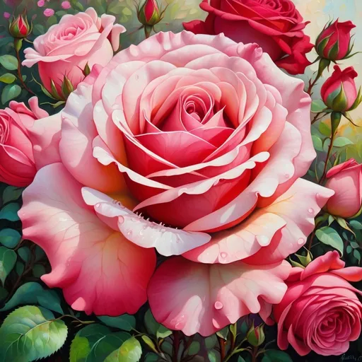 Prompt: Vibrant oil painting of a lush rose garden, rich red and pink hues, soft natural lighting, ultra-high quality, detailed petals, romantic and elegant, impressionist style, blooming roses, intricate details, realistic textures, delicate thorns, classic art style, serene atmosphere, vivid colors, oil painting, vibrant, romantic, detailed petals, elegant, impressionist, soft lighting