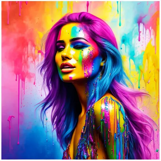 Prompt: Facial closeup of a female face, rainbow paint dripping, vibrant colors, high-definition, detailed, digital painting, close-up, colorful, expressive, rainbow paint drips, intense gaze, professional, vibrant, artistic, surreal, vivid colors, detailed facial features, digital art, high quality