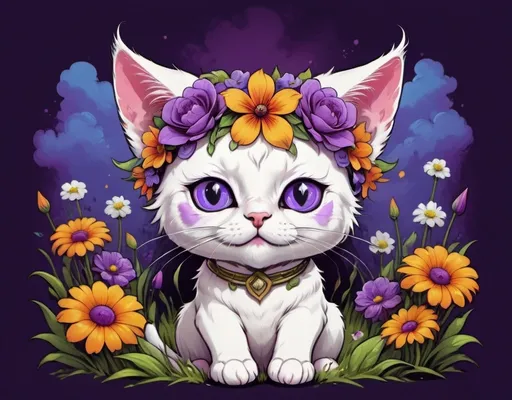 Prompt: a white cat with a flower crown on its head sitting in a field of flowers with a purple background, Carlos Catasse, fantasy art, game art, a character portrait