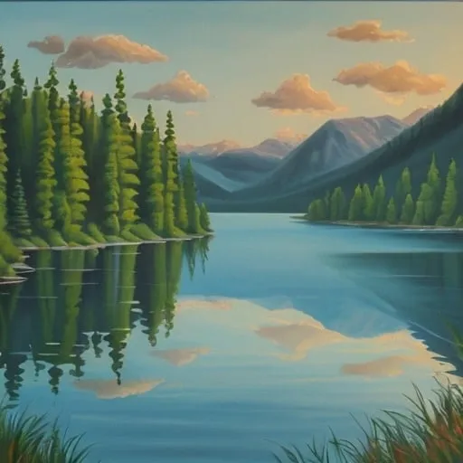 Prompt: A painting of a lake in the style of Bob Ross