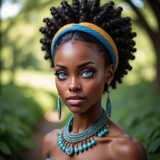 Prompt: With striking blue eyes that capture attention, a young woman stands confidently against a blurred natural backdrop, embodying grace and cultural heritage. Her hair, styled in a voluminous manner, is adorned with a colorful headdress made of vibrant yellow, blue, and natural fibers, creating a stunning contrast against her smooth skin. Around her neck, a decorative necklace of turquoise beads and metallic accents enhances her regal appearance, emphasizing her strong features and serene expression. The soft, diffused lighting highlights the textures and colors of her accessories, while the lush greenery hints at an outdoor setting, evocative of a celebration or an important cultural moment. The overall mood radiates empowerment and beauty, narrating a story of identity and tradition that transcends time.