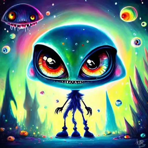 Prompt: Whimsical, cute alien, cartoon style, vibrant colors, large expressive eyes, playful demeanor, alien landscape, otherworldly plants, best quality, high resolution, vibrant, cartoon, cute, whimsical, otherworldly, playful, expressive eyes, alien landscape, vibrant colors, professional