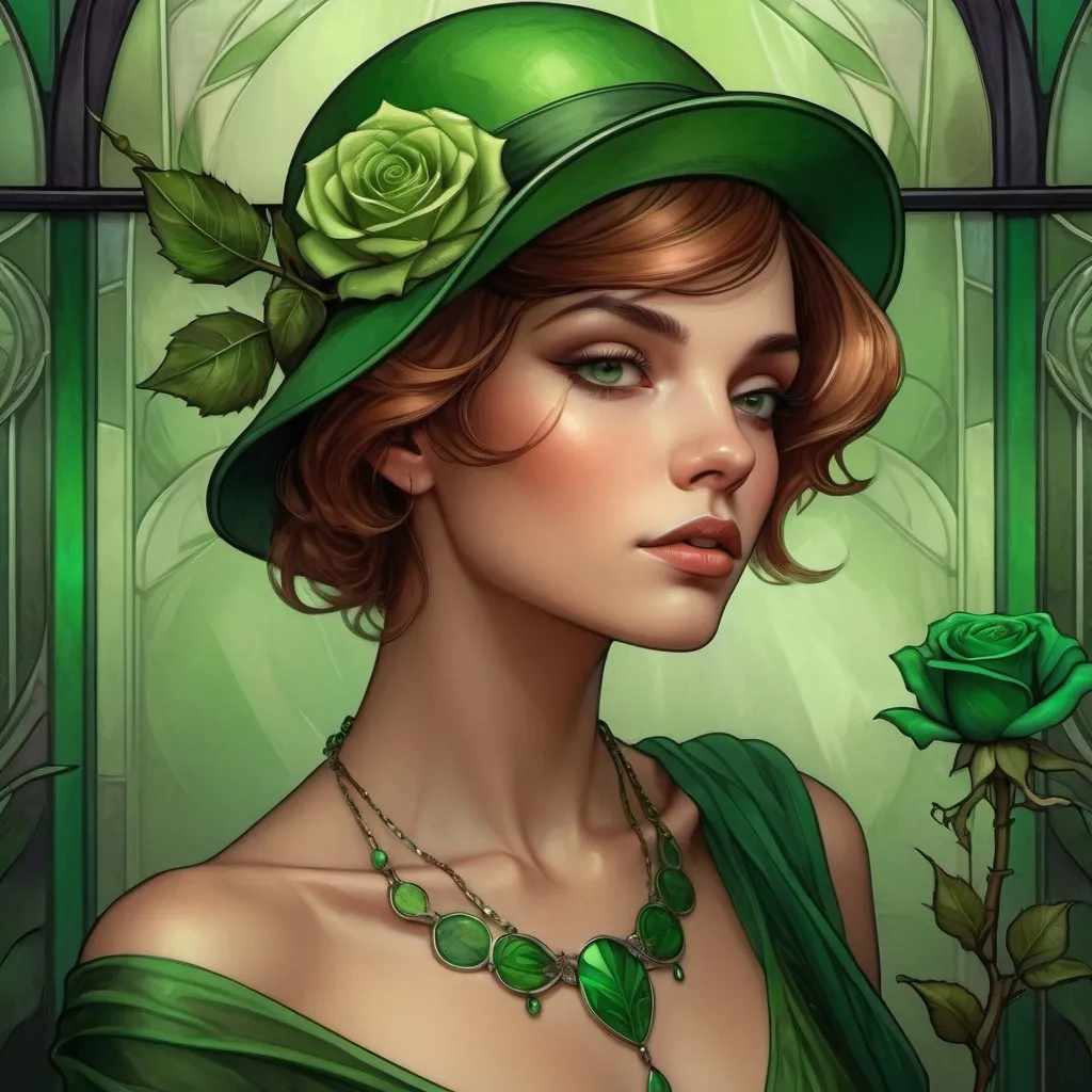 Prompt: <mymodel> a woman with a green hat and green necklaces on her head and a green rose on her head, Charlie Bowater, art deco, highly detailed digital painting, an art deco painting