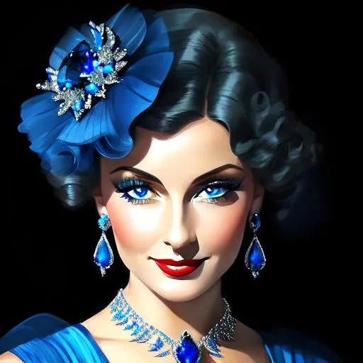 Prompt: Glamorously dressed lady of rhe 1930's wearing sapphire jewelry,blue eyes