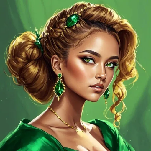 Prompt: <mymodel>Detailed illustration of a woman in vibrant green attire, large vivid green eyes, elegant makeup, digital painting, high resolution, realistic style, vibrant green, professional lighting