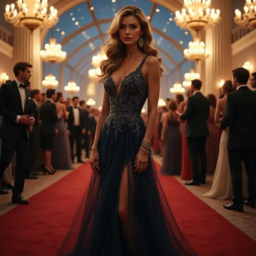 Prompt: Bathed in the soft glow of luxurious chandeliers, a striking figure stands confidently on a plush red carpet, gracefully accented by a sea of elegantly dressed guests in the background. The woman, poised in a stunning navy gown that glimmers with intricate patterns and a daring side slit, captures attention with her refined elegance and captivating expression. Her hair cascades in soft waves, highlighting her refined features and statement earrings that glint under the warm light, adding to the enchanting atmosphere of the grand ballroom. The night sky is visible through the archways, dotted with stars that mirror the shimmering details of her dress, creating a harmonious blend of glamour and sophistication, inviting a sense of celebration and allure throughout the scene.