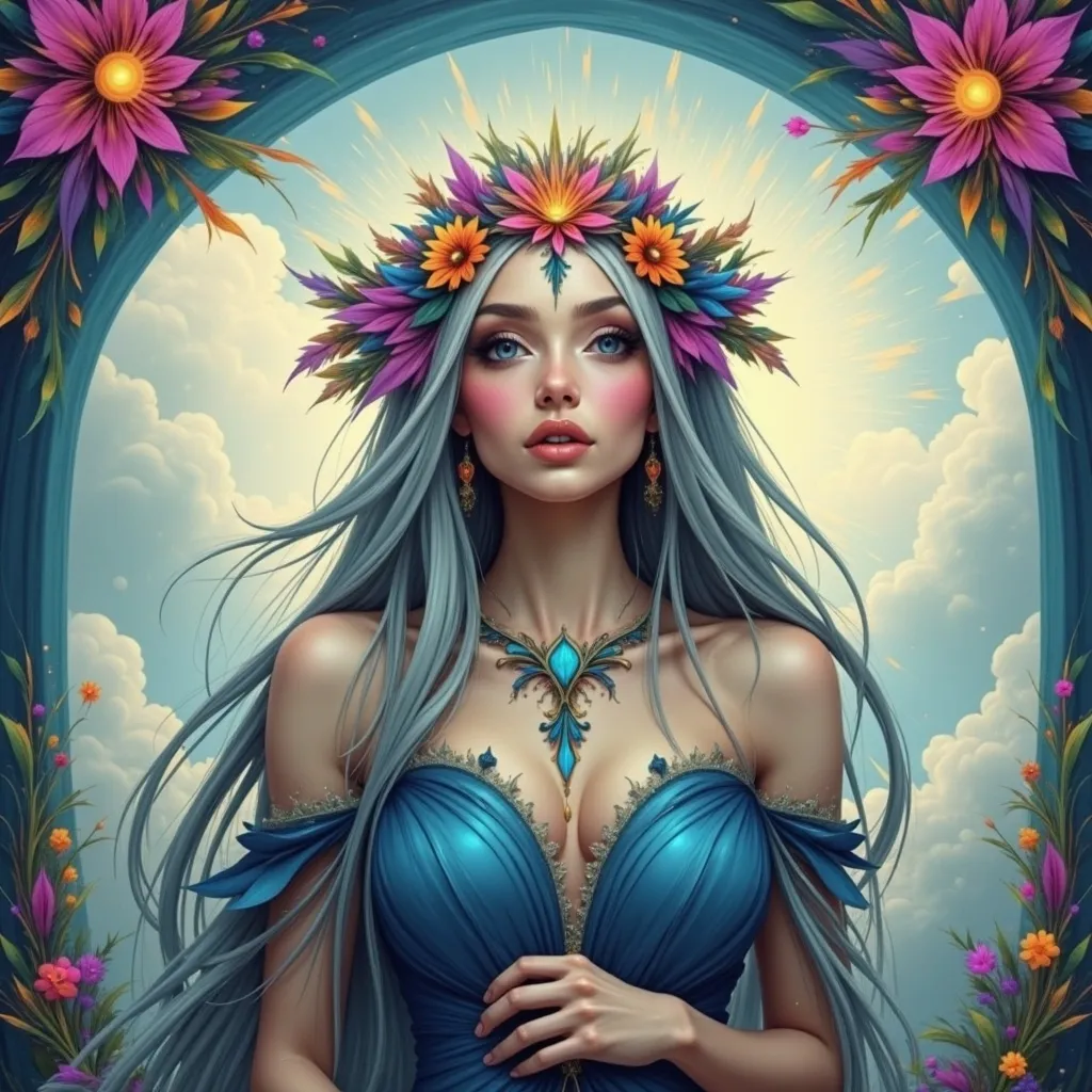 Prompt: a woman with pink hair and a flower crown on her head is shown in a frame with flowers in it, Charlie Bowater, gothic art, stanley artgerm lau, a detailed painting