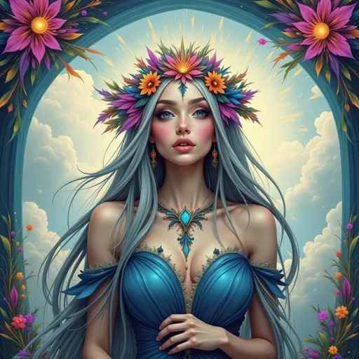 Prompt: a woman with pink hair and a flower crown on her head is shown in a frame with flowers in it, Charlie Bowater, gothic art, stanley artgerm lau, a detailed painting