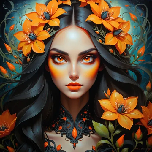 Prompt: Beautiful  hybrid woman with orange flowers sprouting from her, oil painting, detailed fiery eyes, ethereal glow, dark and mysterious, high quality, vibrant colors, surreal, haunting, intricate floral details, intense gaze, mystical atmosphere, oil painting, demon, hybrid, fiery eyes, ethereal, vibrant colors, surreal, haunting, floral details, intense gaze, mystical atmosphere