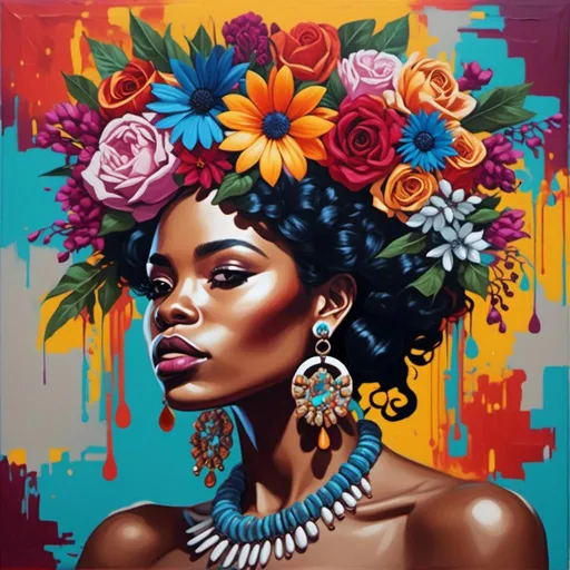 Prompt: a painting of a woman with flowers in her hair and earrings on her head, with a flower crown around her neck, Chinwe Chukwuogo-Roy, figurative art, tristan eaton, a painting <mymodel>