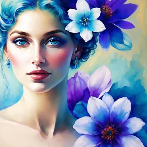 Prompt: beautiful woman, ethereal,dreamscape,, pale blue colors, flowers, closeup