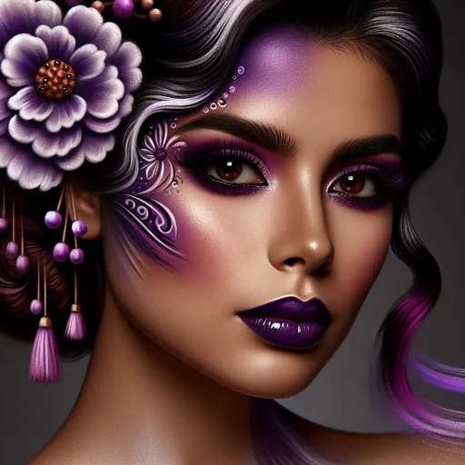 Prompt: a woman with a flower in her hair and purple makeup on her face and a flower in her hair, Dave Melvin, art photography, fashion photography, an airbrush painting