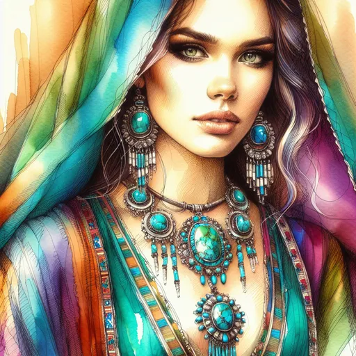 Prompt: <mymodel> Watercolor and pen sketch of a young woman in southwestern style, turquoise jewelry, flowing attire, intricate details, vibrant colors, high quality, southwest art, watercolor, pen sketch, detailed jewelry, flowing attire, vibrant colors, beautiful woman, high quality imagery, professional, atmospheric lighting