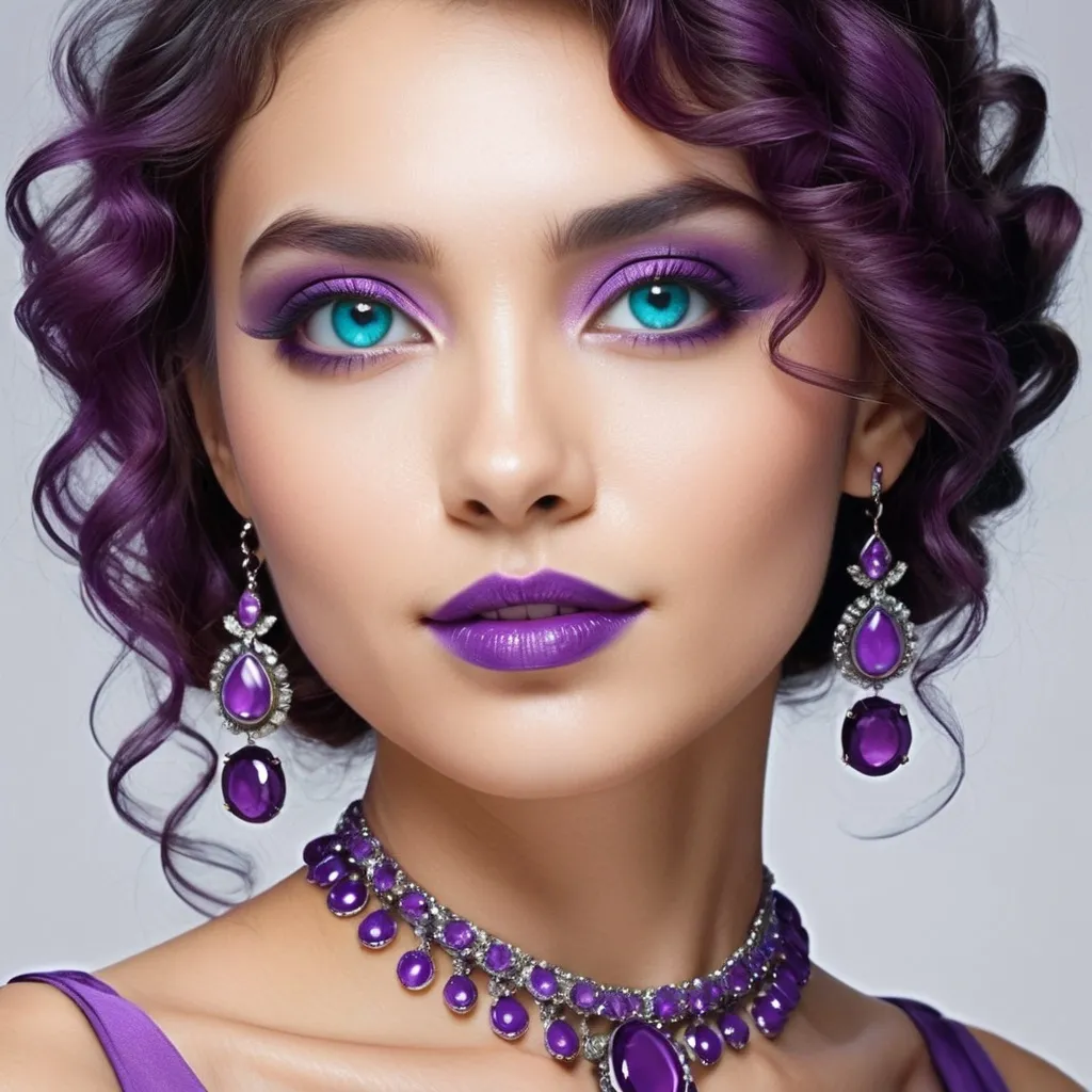 Prompt: <mymodel>An extremely gorgeous woman,  with turquoise jewels, in color scheme of purple, long curly hair