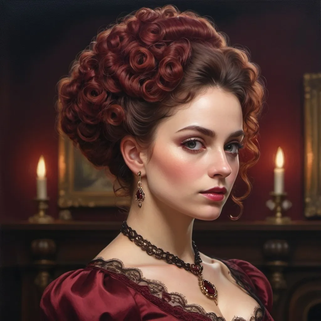 Prompt: Powerful Victorian woman with voluminous wine-red curly updo, elegant Victorian attire, detailed lace, regal posture, intricate jewelry, luxurious fabric, intense gaze, oil painting, high quality, Victorian era, regal, detailed hair, elegant, luxurious, intense gaze, detailed lace, oil painting, atmospheric lighting