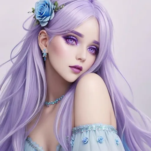 Prompt: A beautiful woman, volumnous white hair with pastel purple highlights, violet eyes, blue eyeshadow, pastel blue roses in her hair, blue jewels on forehead