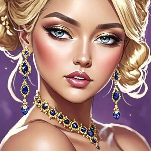 Prompt: <mymodel>Glamorously dressed 1930's lady, sapphire jewelry, blue eyes, vintage glam, luxurious satin gown, elegant updo hairstyle, detailed facial features, high-quality, vintage, glamorous, detailed sapphire jewelry, sophisticated makeup, atmospheric lighting, deep blue color tones, classic Hollywood style