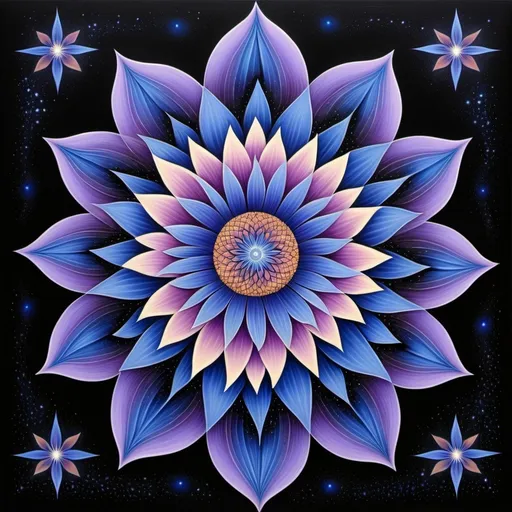 Prompt: a painting of a flower with a blue center and purple petals on it, surrounded by stars and a black background, Amanda Sage, psychedelic art, sacred geometry, a detailed painting