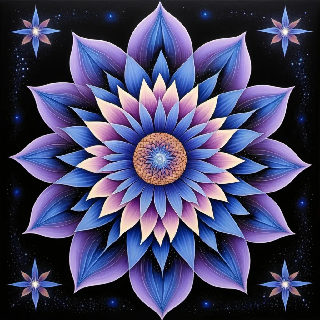 Prompt: a painting of a flower with a blue center and purple petals on it, surrounded by stars and a black background, Amanda Sage, psychedelic art, sacred geometry, a detailed painting