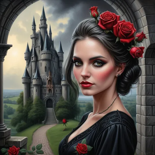 Prompt: a painting of a woman with a castle in the background and a red rose in her hair, wearing a black dress, Anne Stokes, gothic art, highly detailed digital painting, a detailed painting