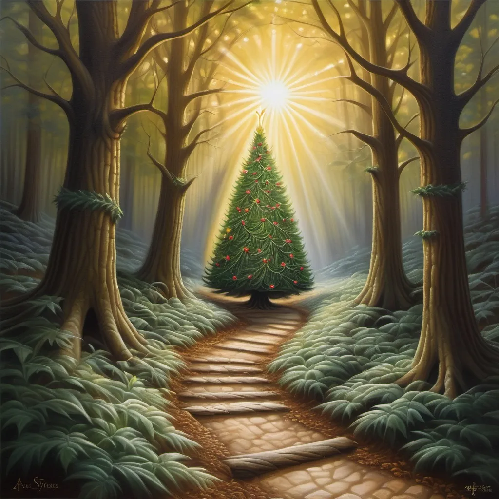 Prompt: a painting of a path leading to a christmas tree in the woods with a sun shining through the trees, Anne Stokes, magical realism, magical, a storybook illustration