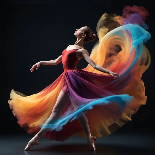 Prompt: A stunning digital artwork depicting a graceful ballerina in mid-pose, captured at the peak of her movement. She wears a magnificent, flowing dress that appears to be made of swirling, colourful smoke or liquid, creating a dynamic and ethereal effect. The dress transitions through a spectrum of vibrant colours, from deep purples and blues to fiery reds, oranges, and yellows, which seem to trail behind her as she dances. Her poised stance and the fluidity of her attire convey a sense of elegance and motion, with the dark background further emphasizing the bright, explosive colours of the dress. The image beautifully captures the essence of ballet combined with a surreal, almost magical atmosphere.