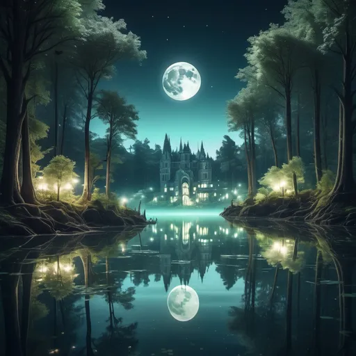 Prompt: A serene, moonlit lake in a magical forest, where the reflection of the moon reveals a hidden underwater city, illuminated by soft, ethereal lights.