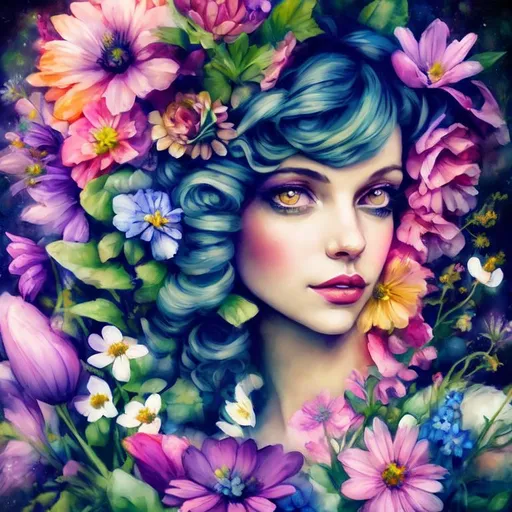 Prompt: a fairy of spring, Sbitley Temple curls, ,wildflowers, vivid colors, closeup