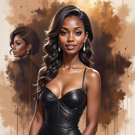 Prompt: a woman with long hair wearing a black dress and earrings on her head, with a brown background and a splash of watercolor, Art of Brom, figurative art, highly detailed digital painting, an ultrafine detailed painting