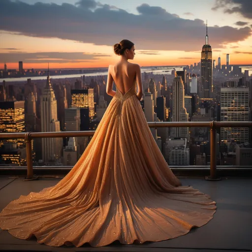 Prompt: Against the breathtaking backdrop of a dusky New York City skyline, a lone figure stands gazing out at the horizon, encapsulating a moment of serene elegance. Dressed in a stunning, intricately beaded gown with a flowing train that cascades gracefully behind her, the woman’s delicate silhouette is framed by the warm, golden hues of the setting sun. The soft glow of the city lights begins to twinkle below, enhancing the ethereal quality of the scene as the Empire State Building rises majestically in the distance. The atmosphere is infused with a sense of hope and beauty, mirroring the enchanting twilight that paints the sky with shades of orange and purple. This captivating image evokes a narrative of romance and dreams, offering a glimpse of both the bustling city life below and the quiet introspection of a timeless moment.