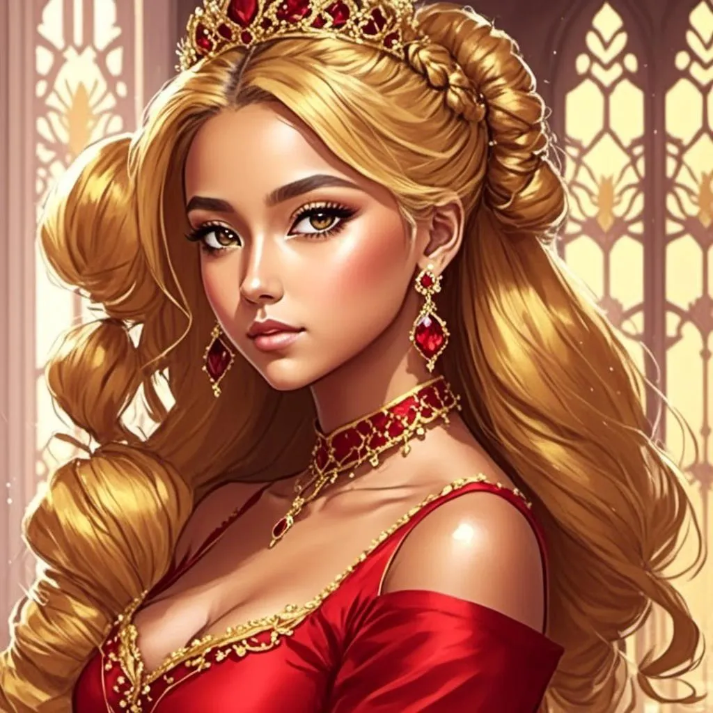 Prompt: <mymodel>High-quality digital painting of a teenage princess with blonde hair in a bun, ruby jewelry, wearing a stunning red dress, big pretty eyes, royal ambiance, detailed fabric textures, elegant crown, soft lighting, warm tones, professional, regal, detailed eyes, royal gown, digital painting, warm lighting, late teens, blonde bun hairstyle, royal ambiance