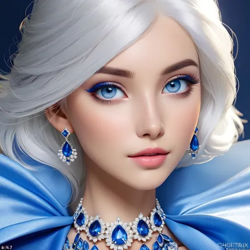 Prompt: <mymodel>A beautiful woman, white hair, blue eyes, blue eyeshadow, blue jewels o