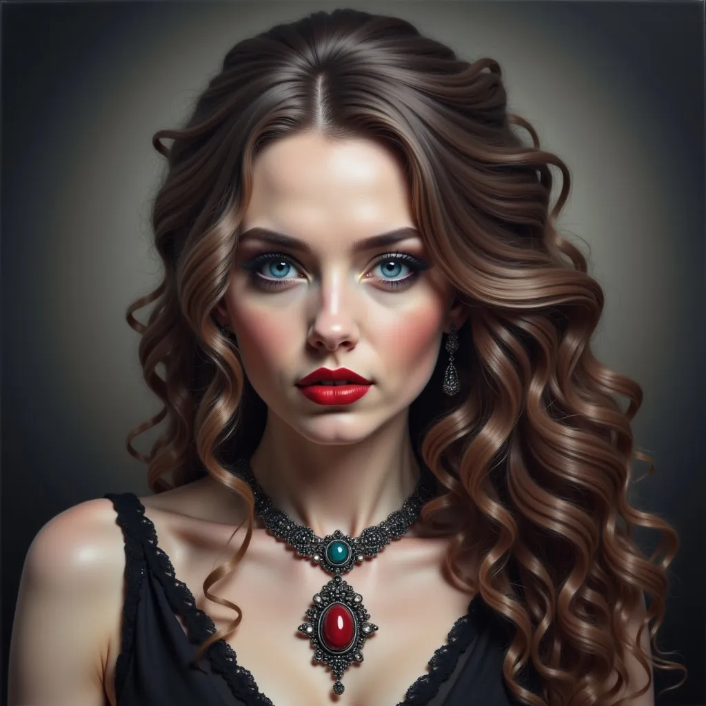 Prompt: a woman with long hair and a necklace on her neck and a red lipstick on her cheek and a black dress, Carla Wyzgala, gothic art, highly detailed digital painting, a photorealistic painting