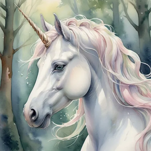 Prompt: Watercolor painting of a graceful female unicorn, ethereal and elegant, flowing mane with soft pastel tones, serene and gentle expression, beautiful horn with a pearlescent sheen, lush and enchanting forest background, high-quality, detailed watercolor, graceful, ethereal, flowing mane, pastel tones, serene expression, beautiful horn, lush forest, enchanting, detailed art, professional