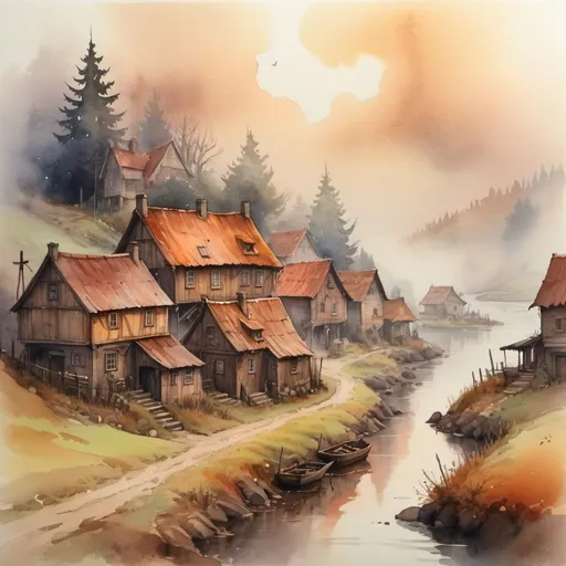 Prompt: watercolor, small village, foggy, rustic, dramatic fantasy settlement scene, warm tones