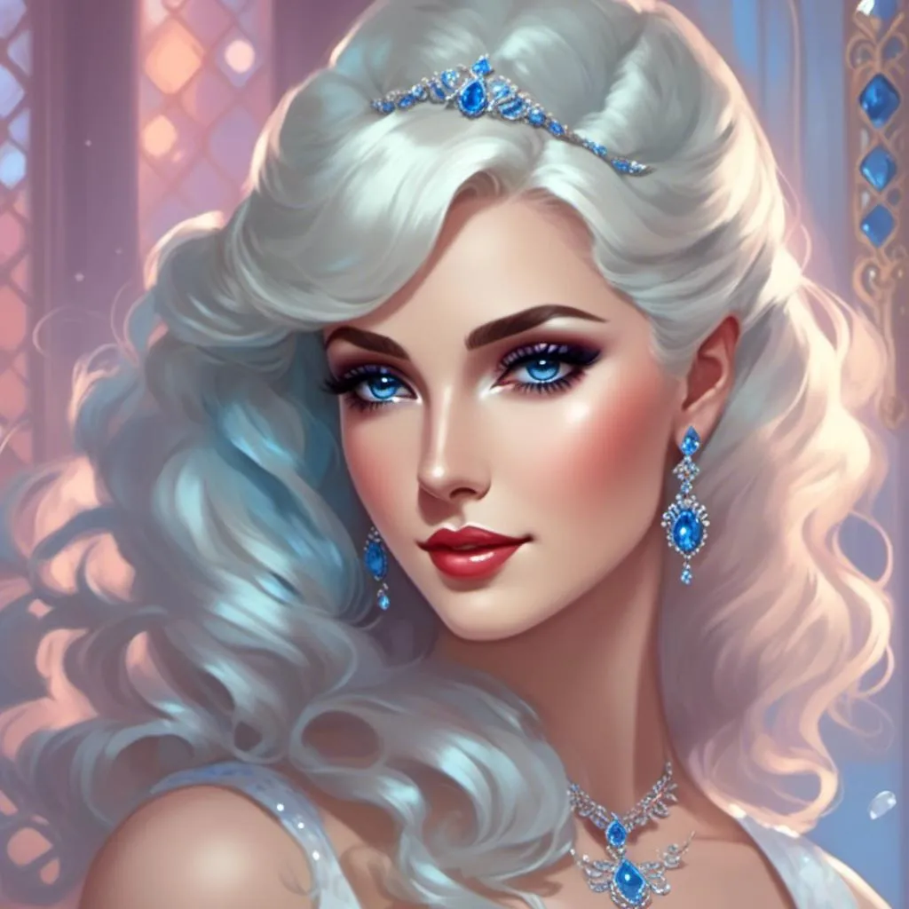 Prompt: <mymodel>A beautiful woman, snow white hair with pastel highlights, frosty blue eyes, blue eyeshadow, blue jewels on forehead