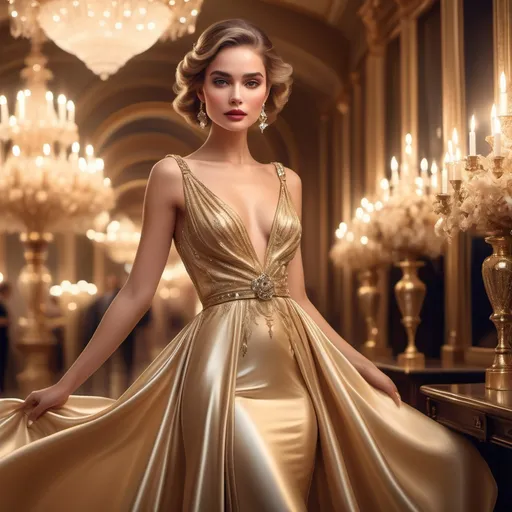 Prompt: glamorous elegant woman, sophisticated attire, flowing evening gown, stylish accessories, graceful pose, soft golden lighting, luxurious ambiance, dreamy background, opulent surroundings, high fashion, radiant expression, detailed facial features, sparkling jewels, 4K ultra-detailed imagery, enchanting charm, poised elegance, captivating atmosphere.