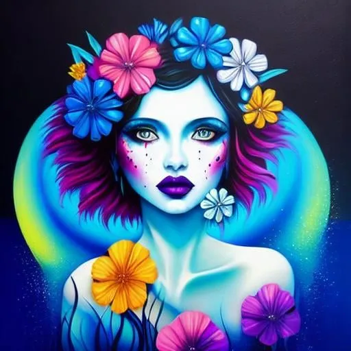 Prompt: Flower Siren graffiti art, splash art, street art, spray paint, oil gouache melting, acrylic, high contrast, colorful polychromatic, ultra detailed, ultra quality, CGSociety