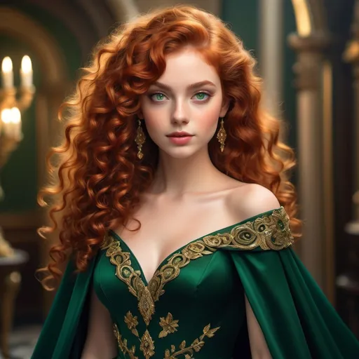 Prompt: A striking young woman stands confidently, her voluminous, fiery red curls cascading down her shoulders, framing a delicate face adorned with soft features and captivating green eyes. She wears an elegant deep green gown that hugs her figure, featuring intricate gold detailing and a matching off-the-shoulder cape that adds to her regal allure. Around her neck, a shimmering necklace embellished with emeralds complements her luxurious attire, while matching earrings sway gently as she poses. The backdrop reveals a stunning stained glass window, which casts a warm, inviting light in hues of green and gold, enhancing the enchanting atmosphere of the scene that feels both majestic and timeless. The overall presentation evokes a sense of fantasy and charm, as if she has stepped out of a storybook realm.