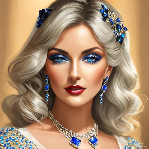 Prompt: <mymodel>Glamorously dressed lady of rhe 1930's wearing sapphire jewelry,blue eyes